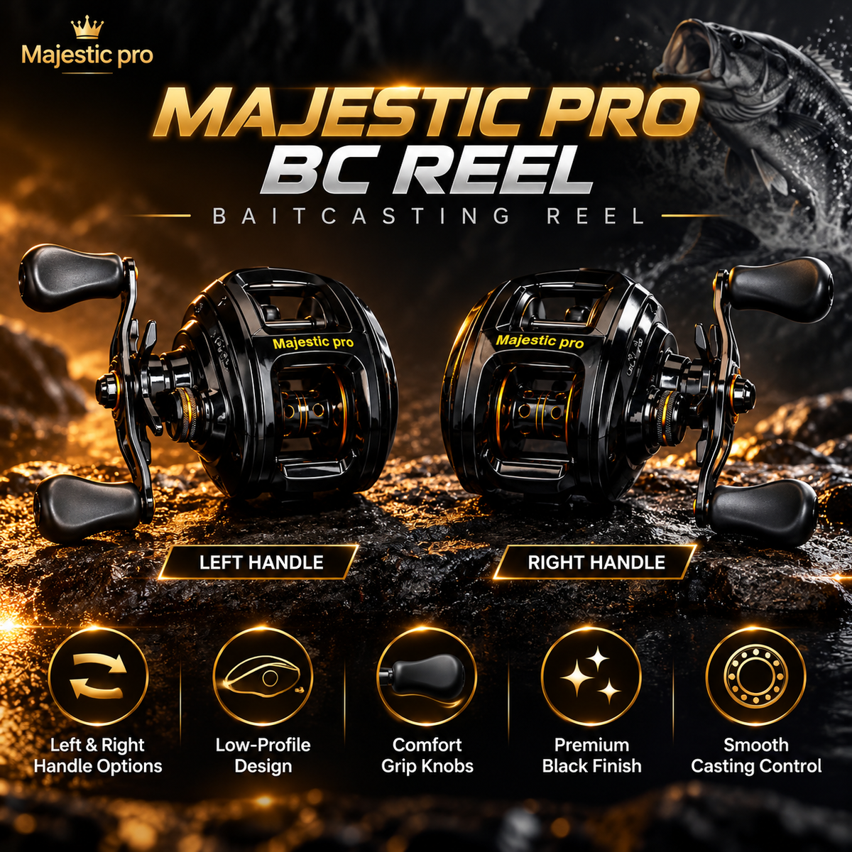 Majestic Pro baitcasting reel left and right handle main image.