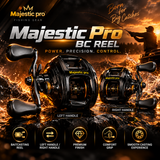 Majestic Pro baitcasting reel promotional fishing image.