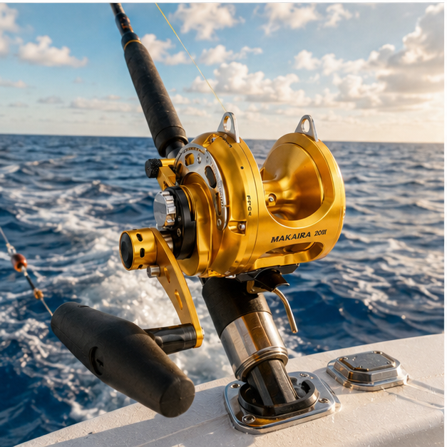 Okuma Makaira II reel mounted for offshore trolling