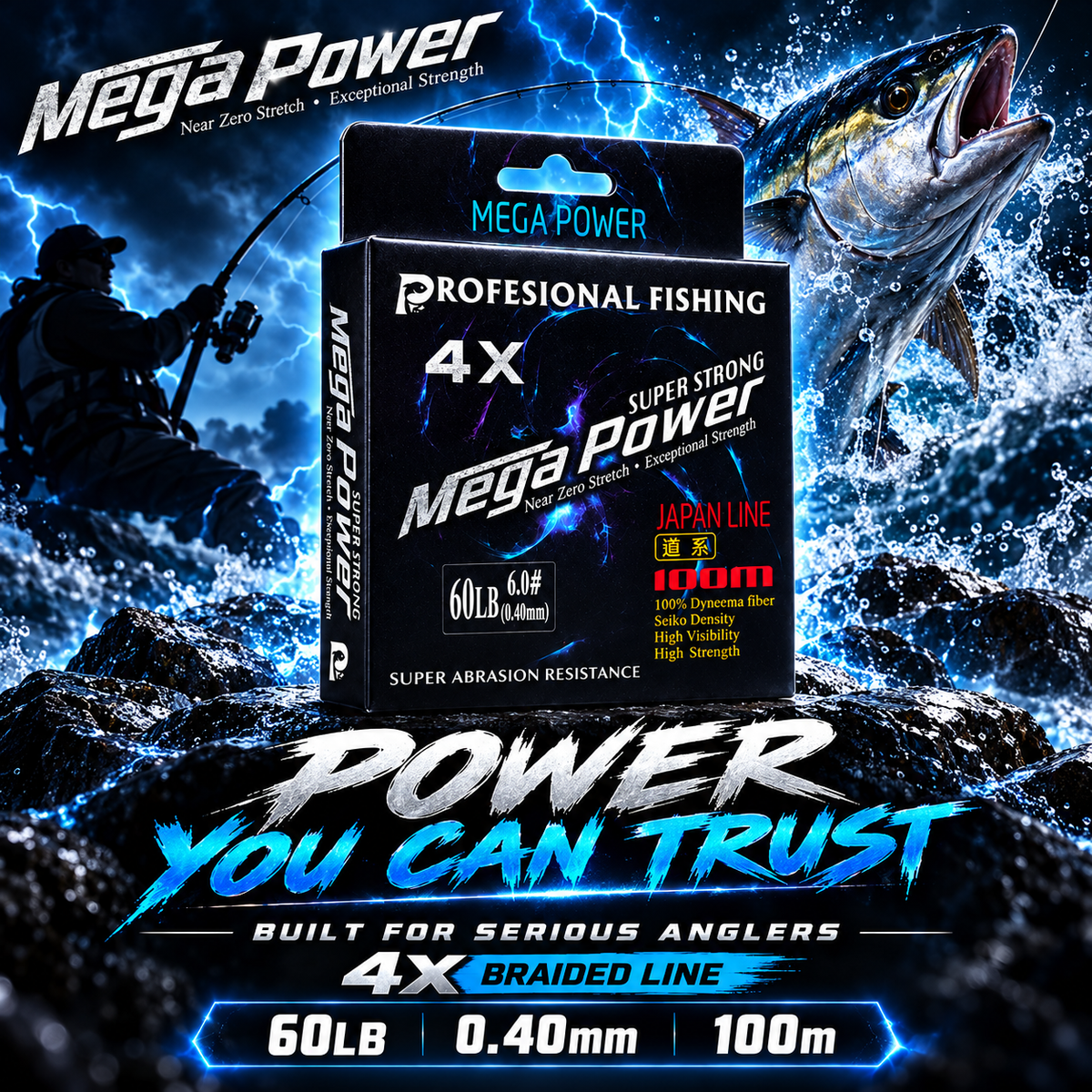 Mega Power 4X braided fishing line action promotional image.