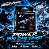 Mega Power 4X braided fishing line action promotional image.