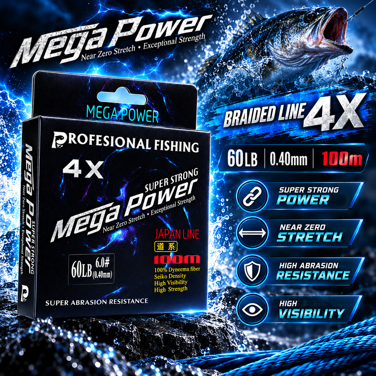 Mega Power 4X braided fishing line promotional image.