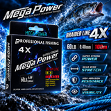 Mega Power 4X braided fishing line promotional image.