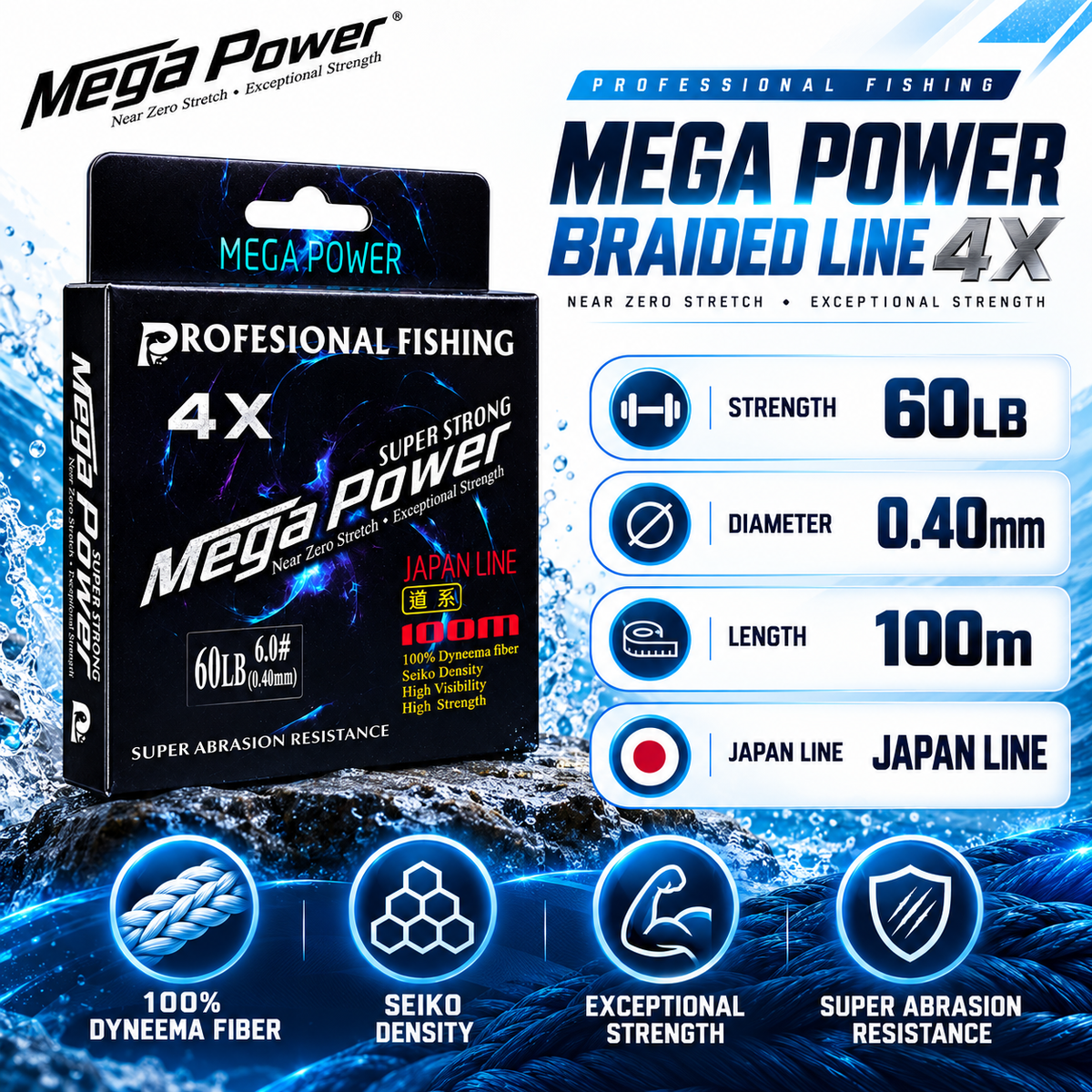 Mega Power 4X braided fishing line specifications.