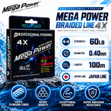 Mega Power 4X braided fishing line specifications.