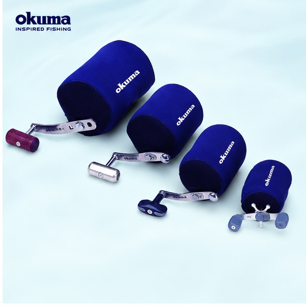 Okuma neoprene overhead reel cover — technical detail view