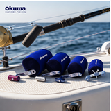 Okuma neoprene overhead reel cover — fishing lifestyle view