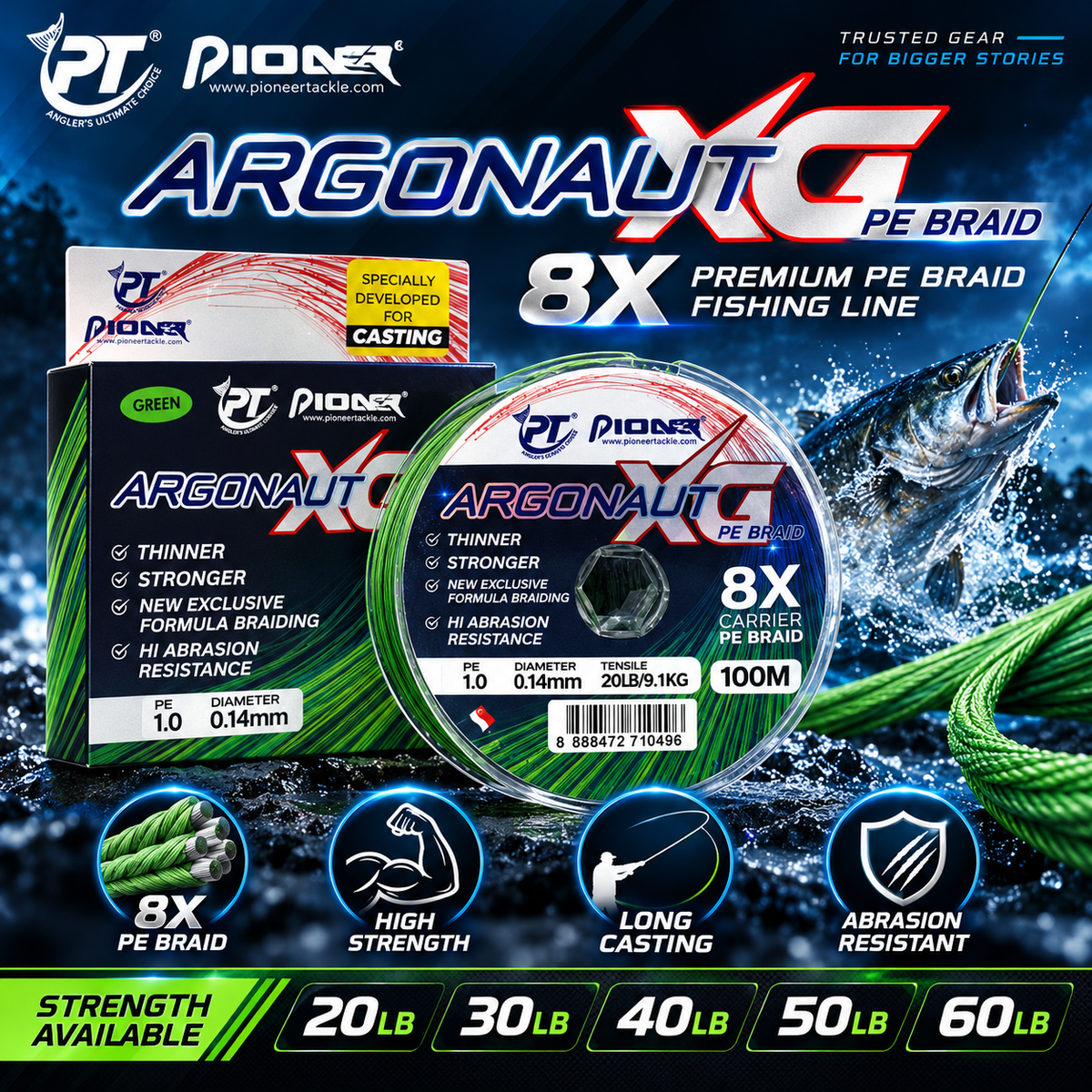 Pioneer Argonaut XG 8X braid line strength variants.
