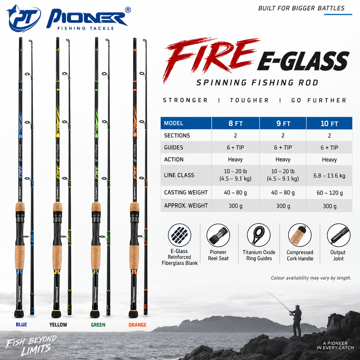 Pioneer Fire E-Glass spinning rod sizes colours and specifications