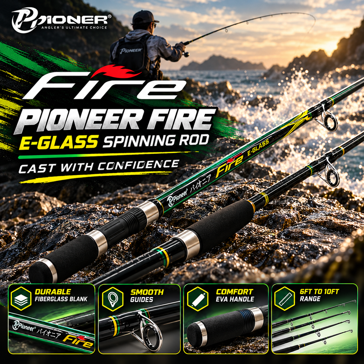 Pioneer Fire E-Glass Spinning Rod promotional image.