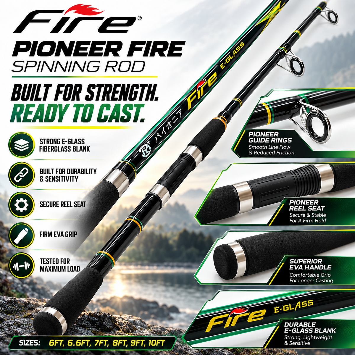 Pioneer Fire E-Glass Spinning Rod features.
