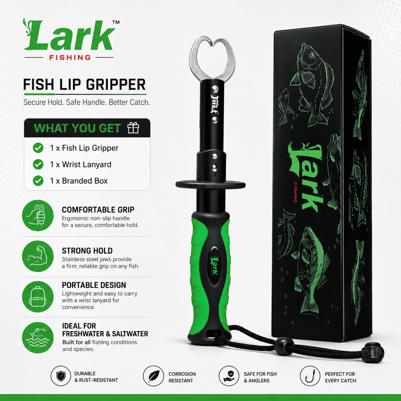 Lark Fishing Fish Lip Gripper with Wrist Lanyard – Black & Green