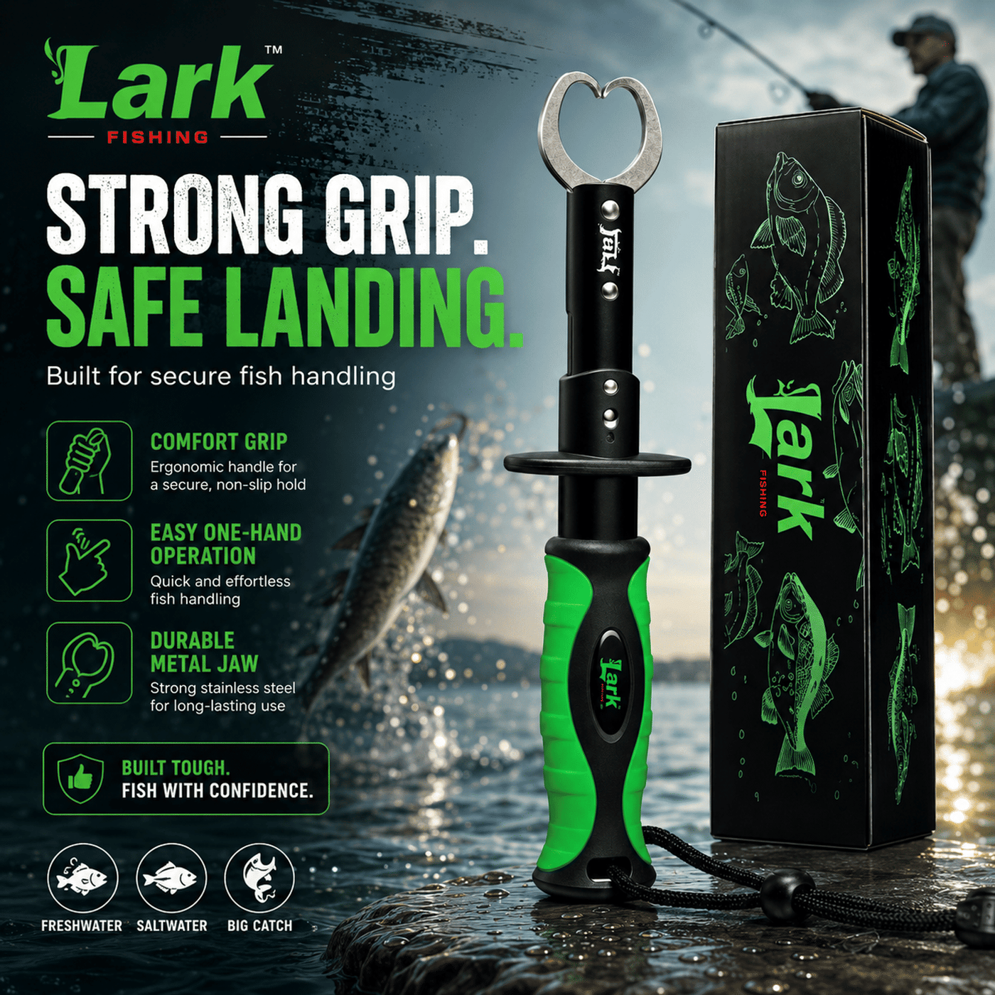 Lark Fishing Fish Lip Gripper with Wrist Lanyard – Black & Green