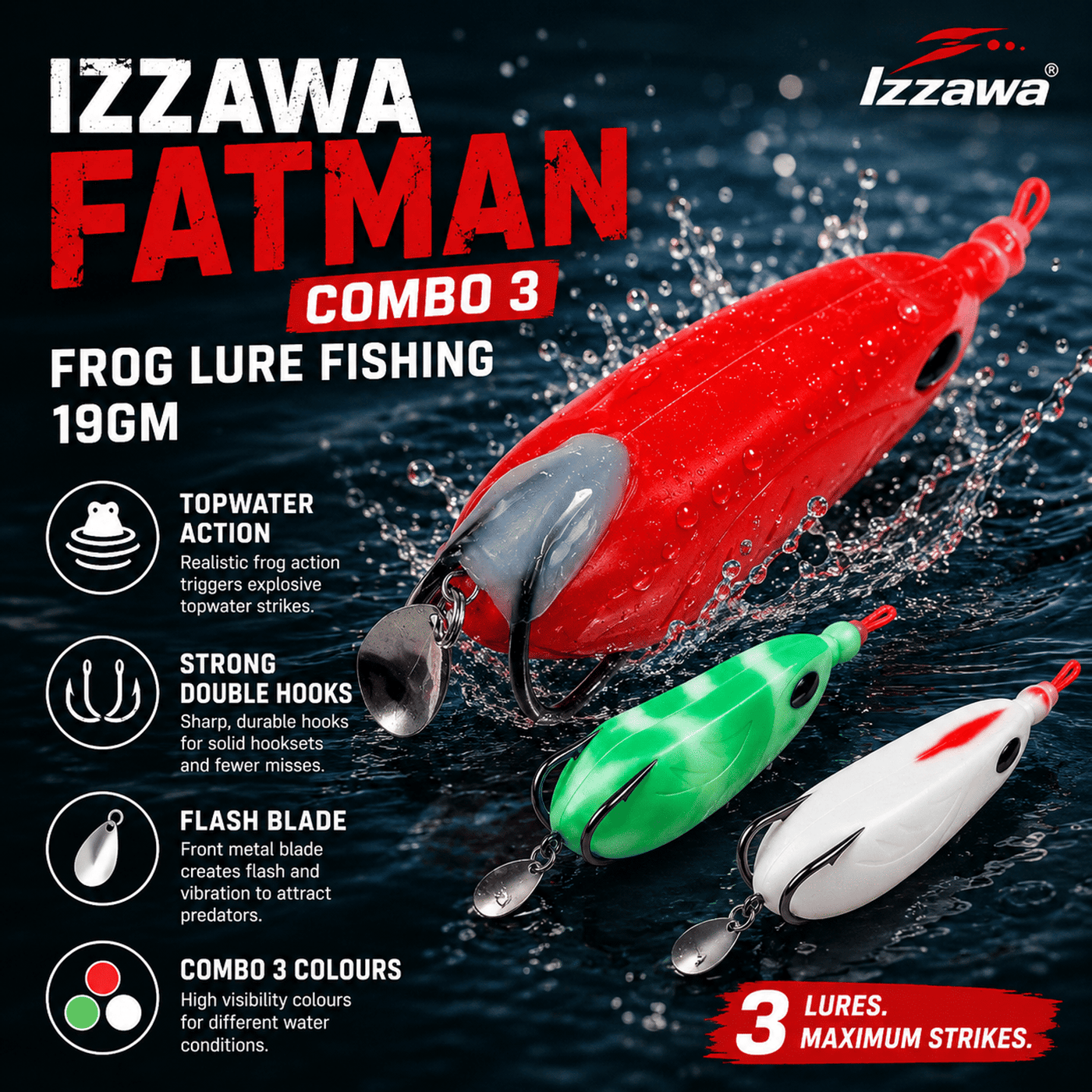 IZZAWA Fatman Combo 3 Frog Lure Fishing 19g | Pack of 3 Mixed Colours