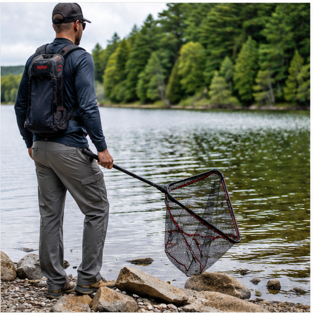 Rapala folding landing net ready at a freshwater shoreline