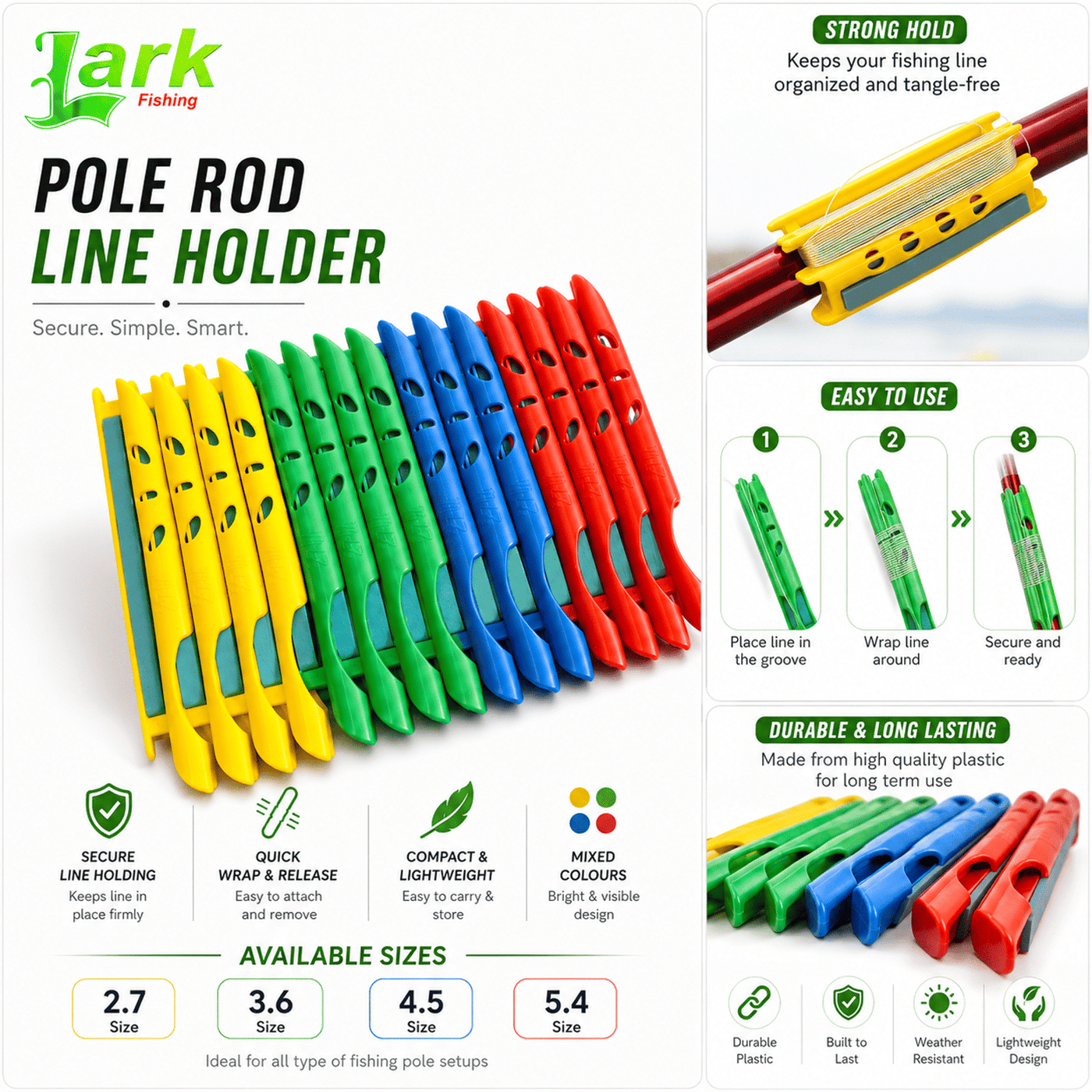 Lark Fishing Pole Rod Line Holder  – 5.4m Size, Mixed Colours