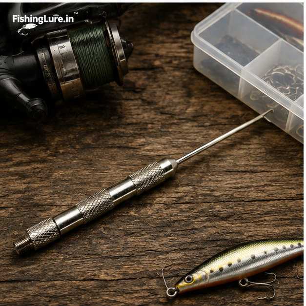 Compact rigging tool used beside a tackle box