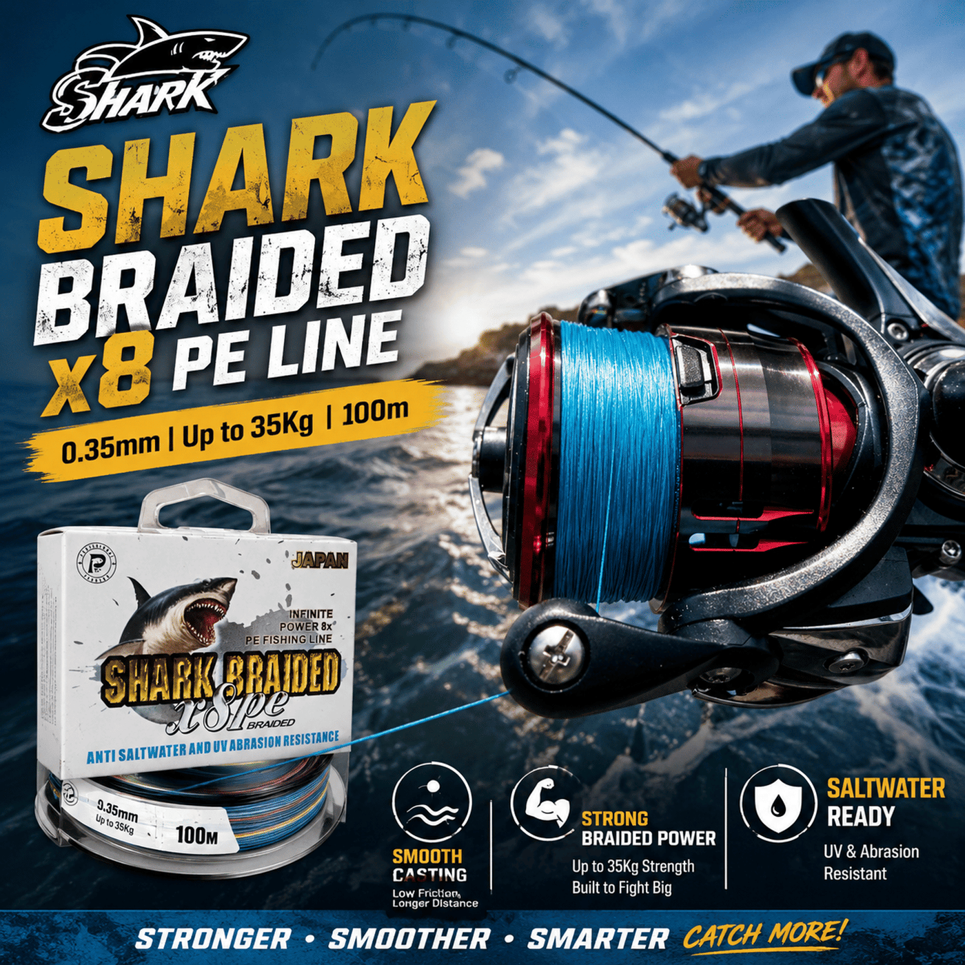 Shark Braided Fishing Line 0.35mm up to 35Kg 100m - Multicolour