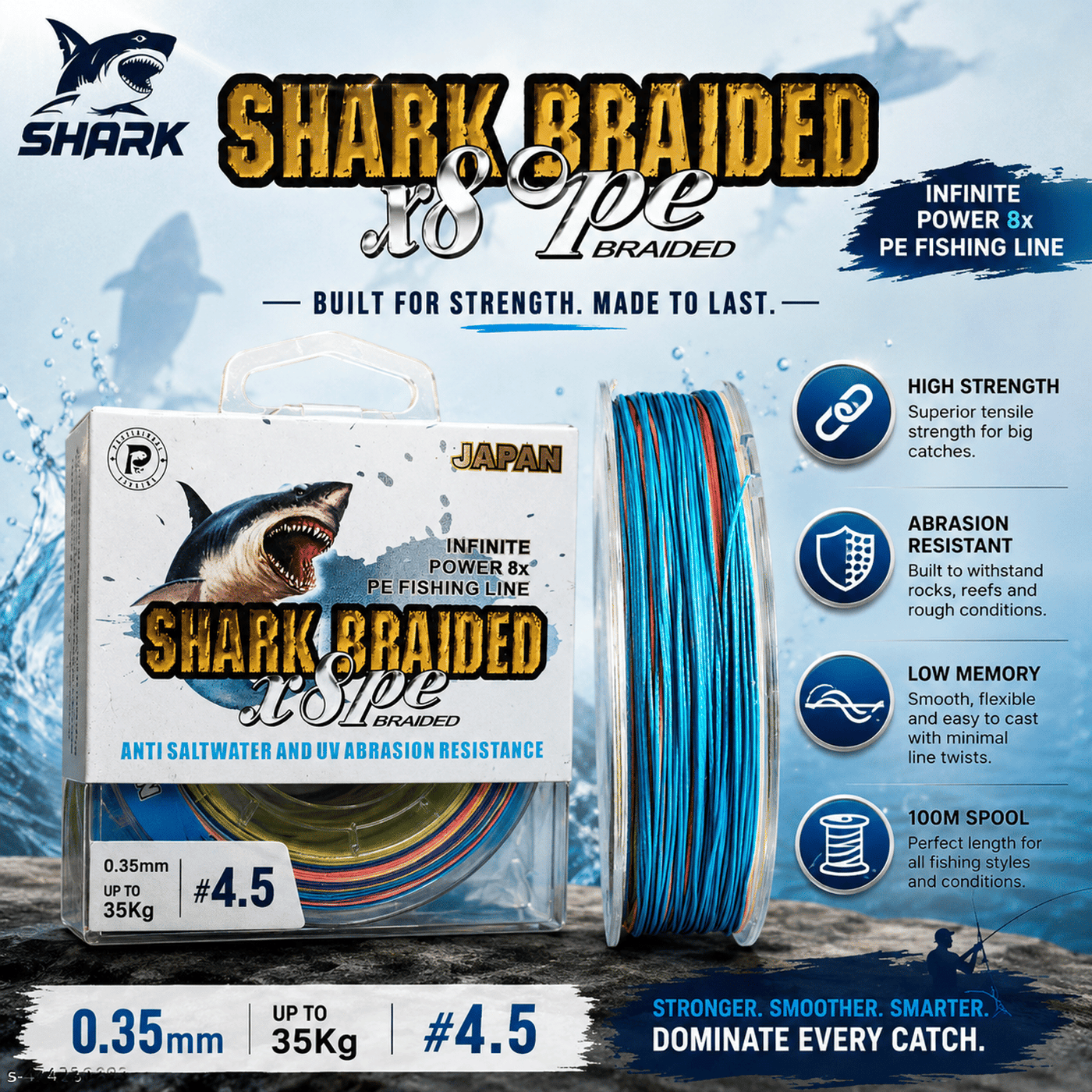 Shark Braided Fishing Line 0.35mm up to 35Kg 100m - Multicolour