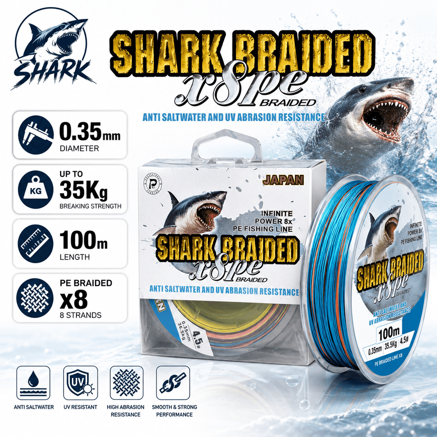 Shark Braided Fishing Line 0.35mm up to 35Kg 100m - Multicolour