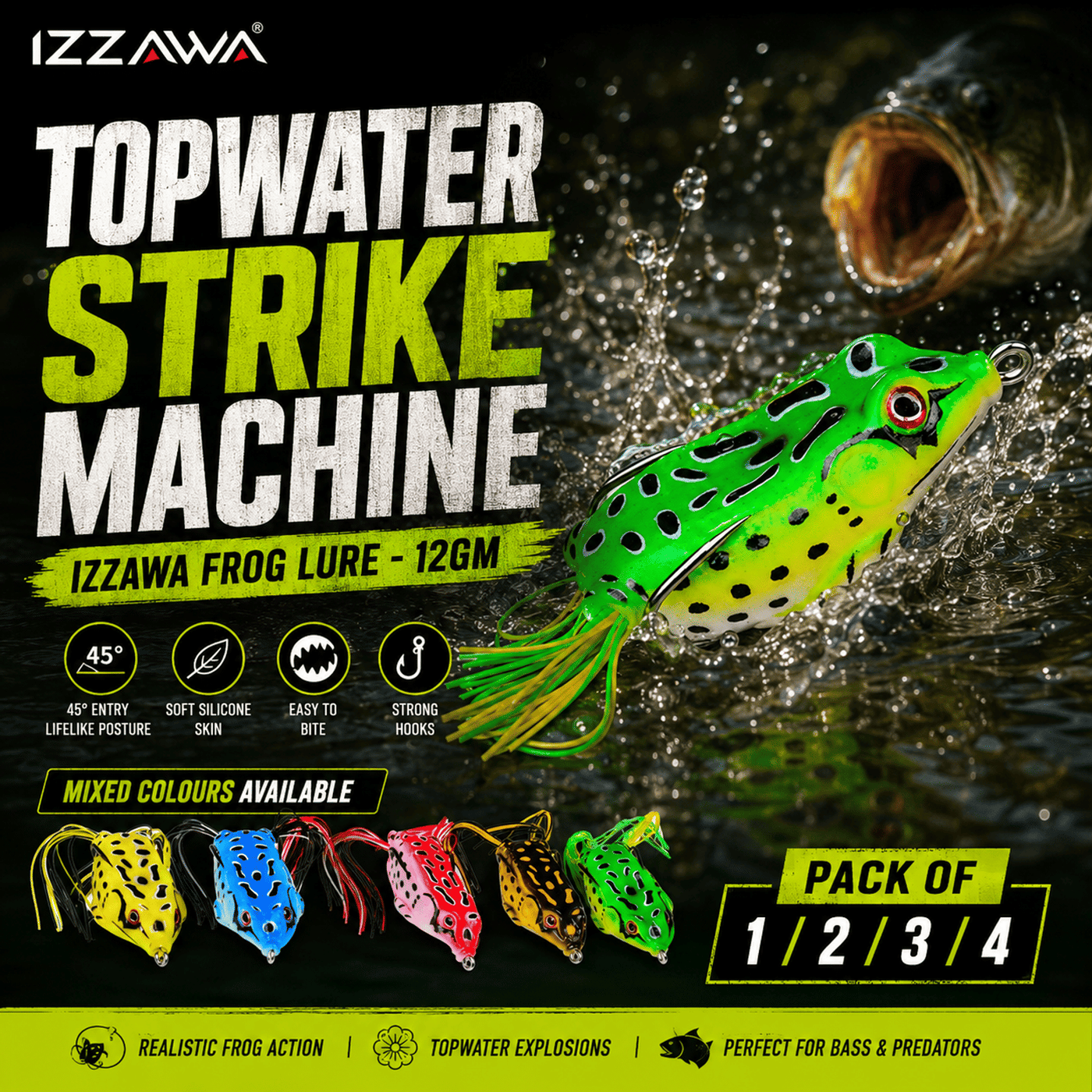 IZZAWA Frog Lure 12g Mixed Colours | Pack of 4 Mixed Colours