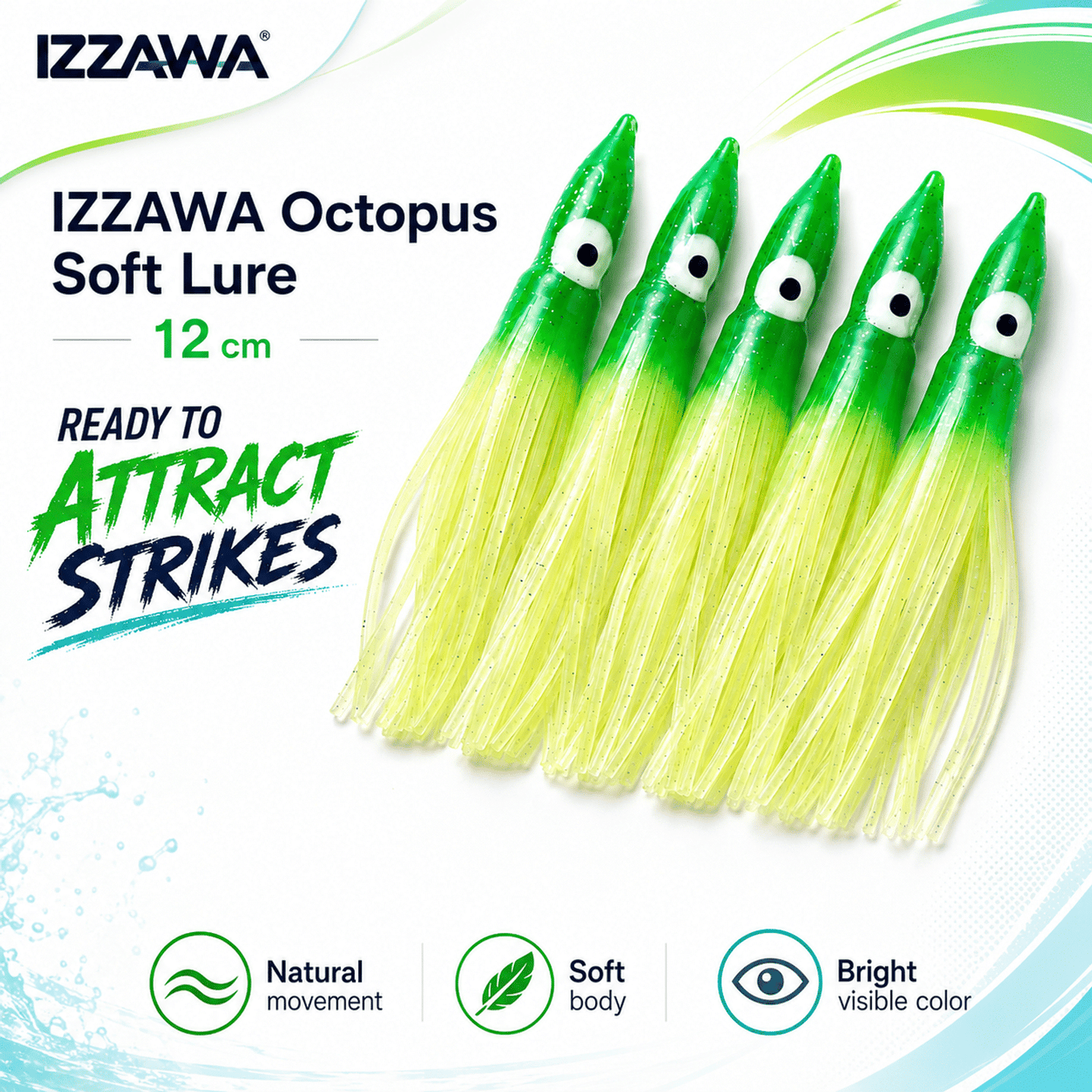 Izzawa Octopus Soft Lure 12cm - Green Glow - Pack of 5