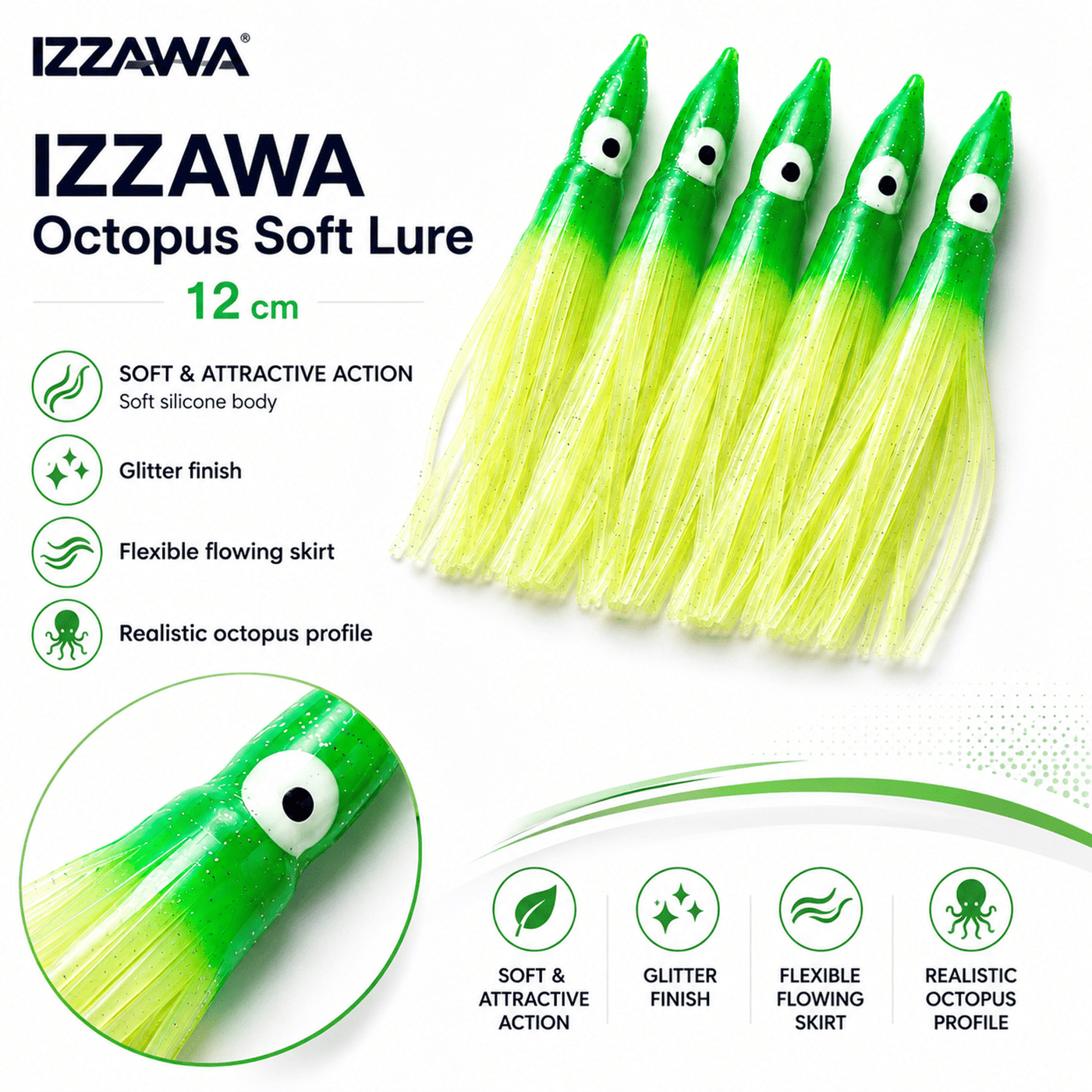Izzawa Octopus Soft Lure 12cm - Green Glow - Pack of 5