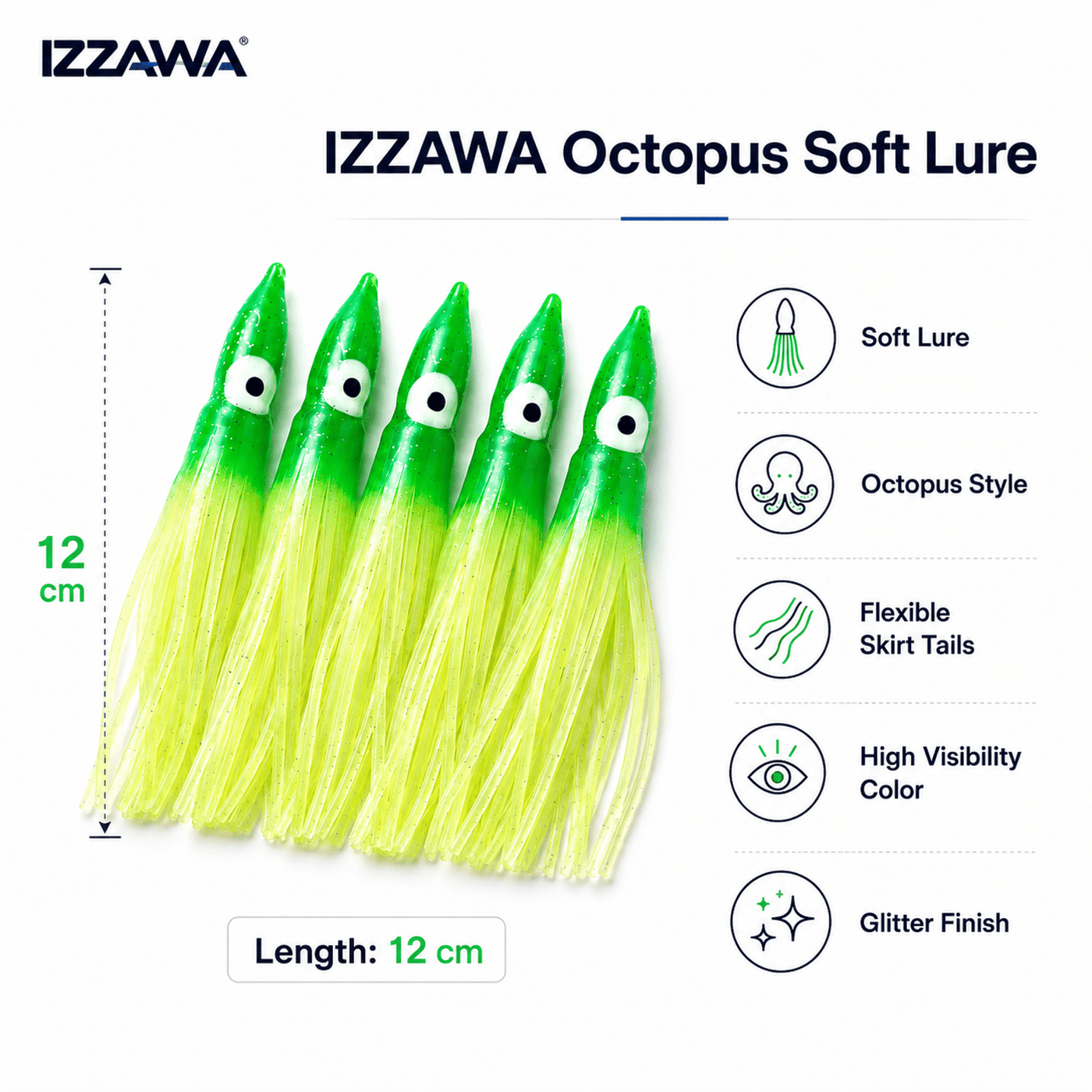 Izzawa Octopus Soft Lure 12cm - Green Glow - Pack of 5