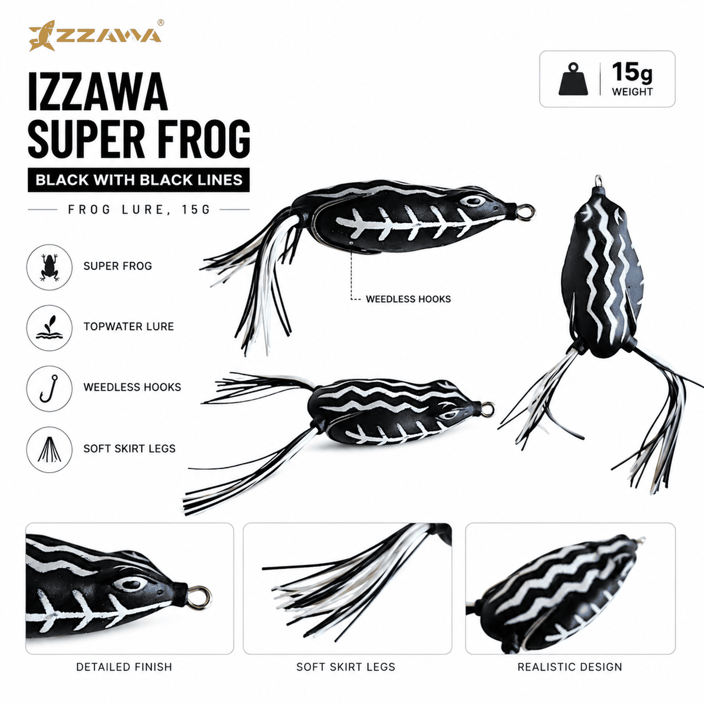 IZZAWA Super Frog Black with Black Lines Frog Lure 15g | Pack of 1