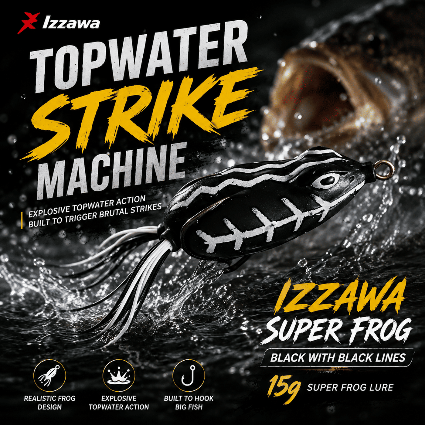 IZZAWA Super Frog Black with Black Lines Frog Lure 15g | Pack of 1