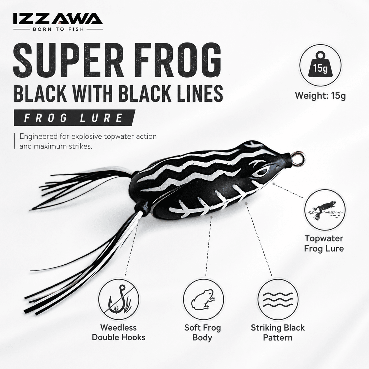 IZZAWA Super Frog Black with Black Lines Frog Lure 15g | Pack of 1