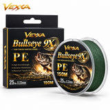 Vexxa Bullseye 9X PE 150m green braided fishing line spool and packaging on white with Vexxa logo in top corner; 0.23mm 25lb variant shown