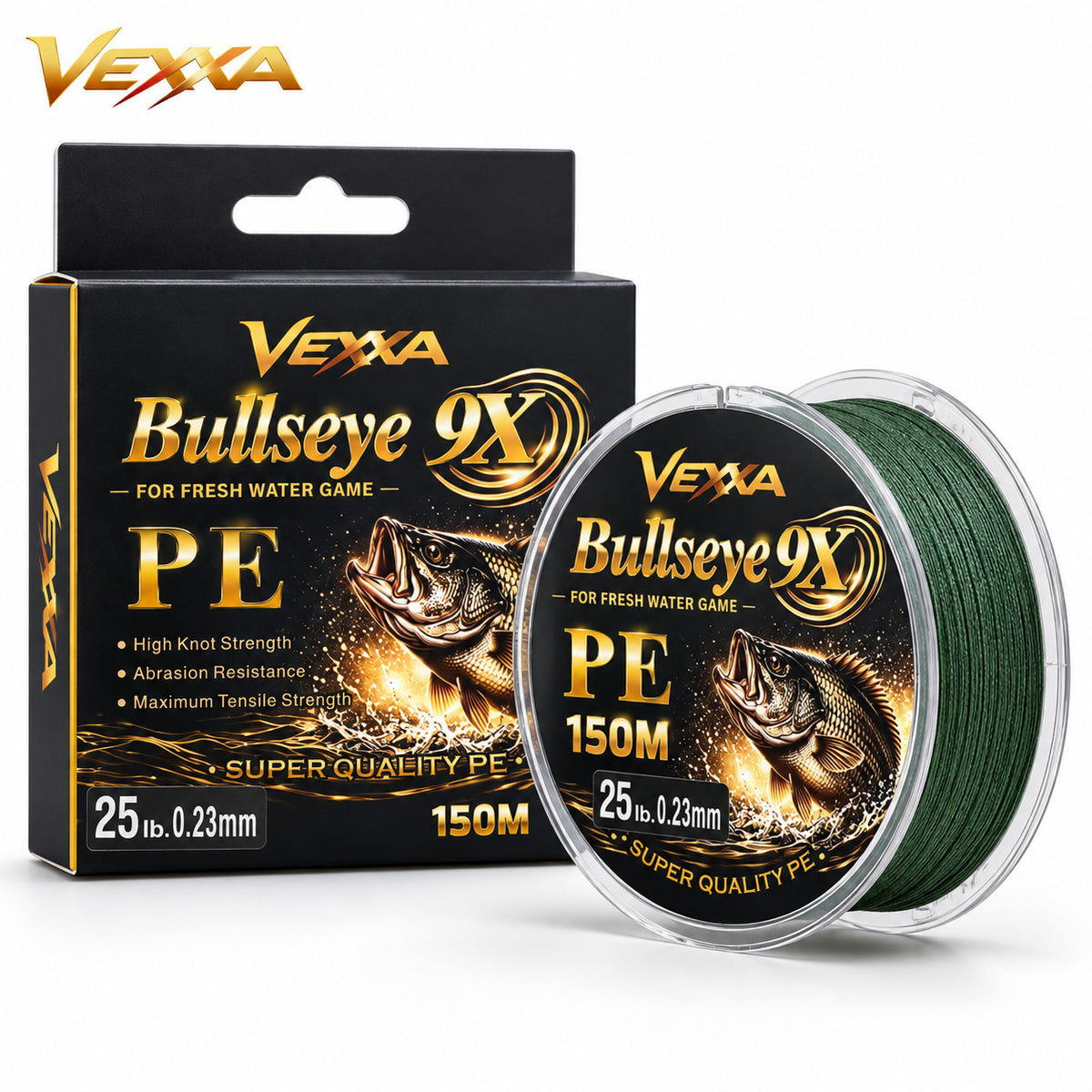Vexxa Bullseye 9X PE 150m green braided fishing line spool and packaging on white with Vexxa logo in top corner; 0.23mm 25lb variant shown