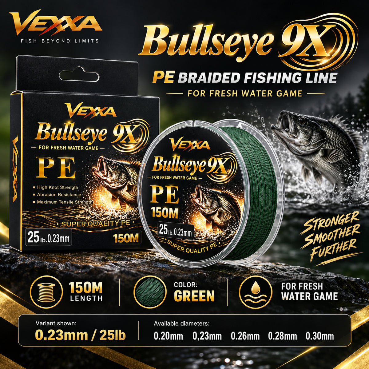 Vexxa Bullseye 9X PE green braided fishing line specifications: 150m spool and 0.20mm, 0.23mm, 0.26mm, 0.28mm, 0.30mm diameters; 25lb applies only to the shown 0.23mm variant