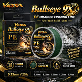 Vexxa Bullseye 9X PE green braided fishing line specifications: 150m spool and 0.20mm, 0.23mm, 0.26mm, 0.28mm, 0.30mm diameters; 25lb applies only to the shown 0.23mm variant