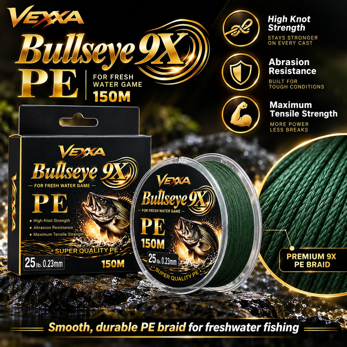 Vexxa Bullseye 9X PE 150m braided line feature illustration highlighting manufacturer-stated high knot strength, abrasion resistance and tensile strength