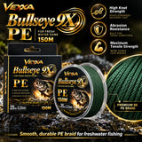 Vexxa Bullseye 9X PE 150m braided line feature illustration highlighting manufacturer-stated high knot strength, abrasion resistance and tensile strength