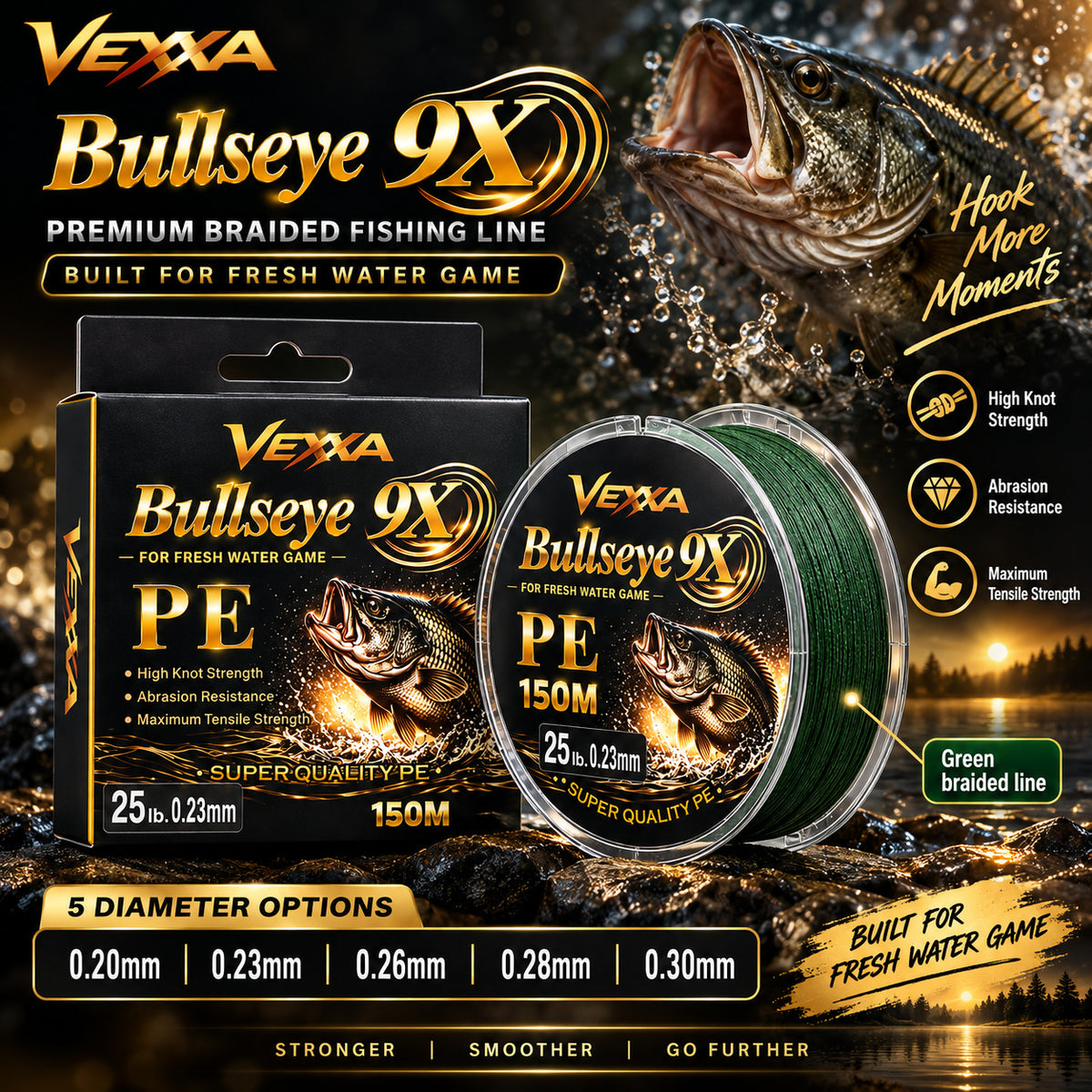 Vexxa Bullseye 9X PE 150m green braided fishing line freshwater promotional image with five diameter options from 0.20mm to 0.30mm