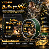 Vexxa Bullseye 9X PE 150m green braided fishing line freshwater promotional image with five diameter options from 0.20mm to 0.30mm