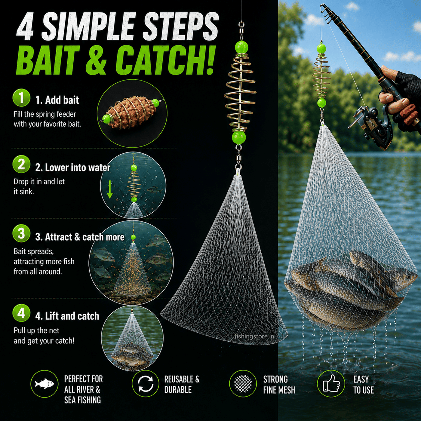 IZZAWA Bait Feeder Net Trap Pack of 2 | Spring Cage Fish Catcher for all Fish types