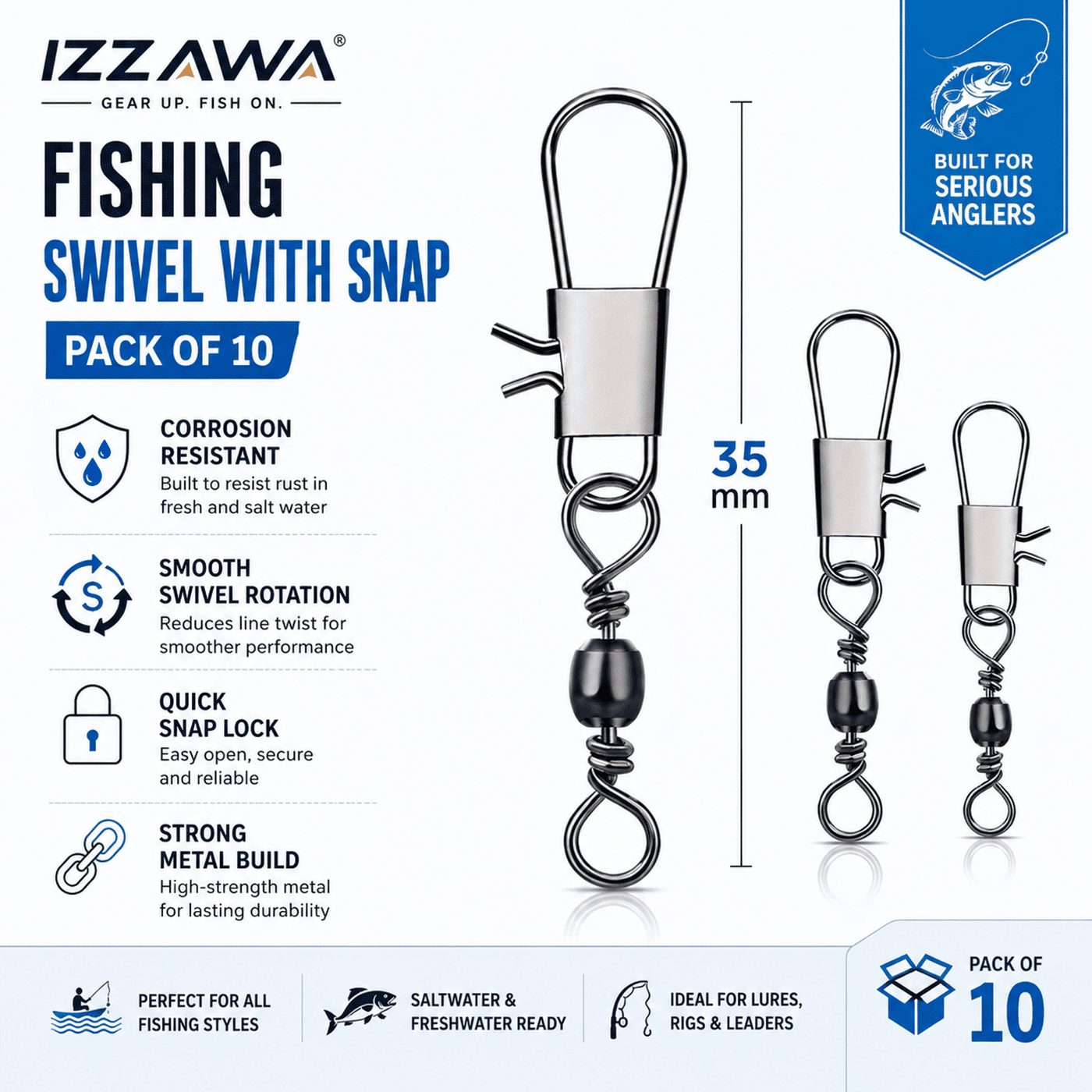 IZZAWA Fishing Swivel with Snap - Pack of 10