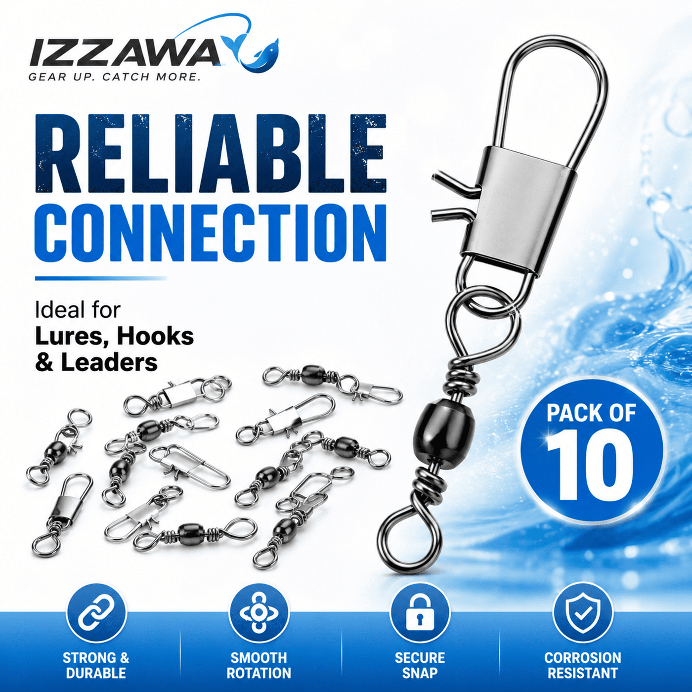 IZZAWA Fishing Swivel with Snap - Pack of 10